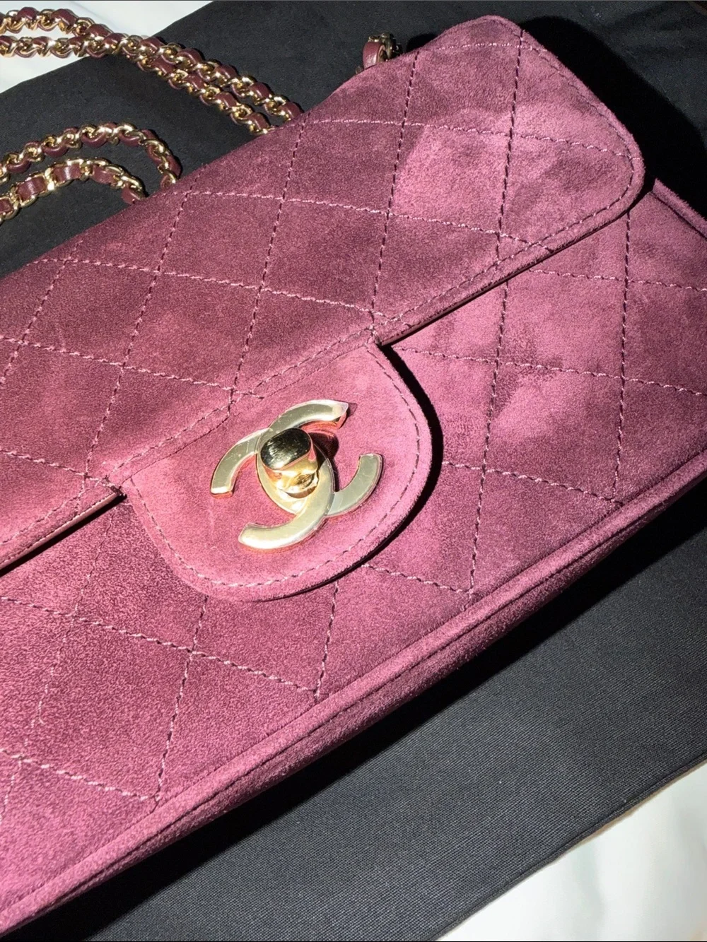 CHANEL Souplissimo mini Burgundy Quilted Suede Shoulder Bag with Gold Chain